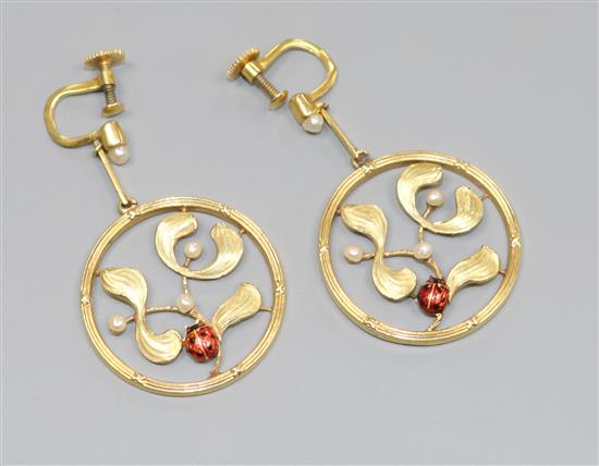 A pair of yellow metal, seed pearl and enamel set ladybird circular drop ear clips, 25mm.